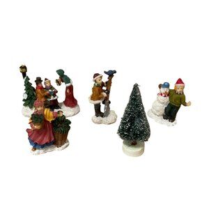 Christmas Village Accessories Lot Figurines Carolers Snowman Bottle Brush Tree